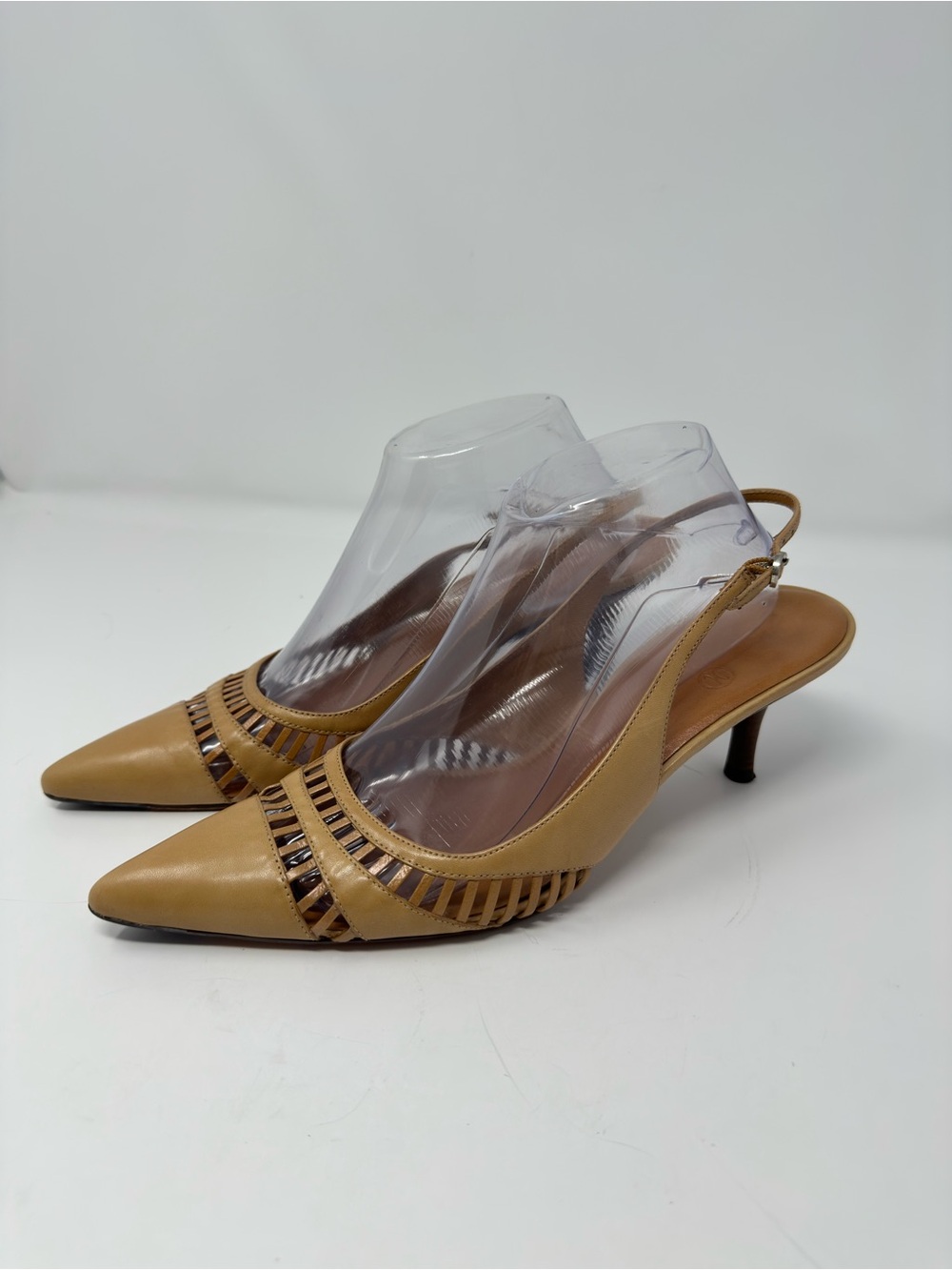 Cole Haan Tan Woven Leather Slingback Pointed Toe Kitten Heels Size 10B Office - Picture 3 of 9